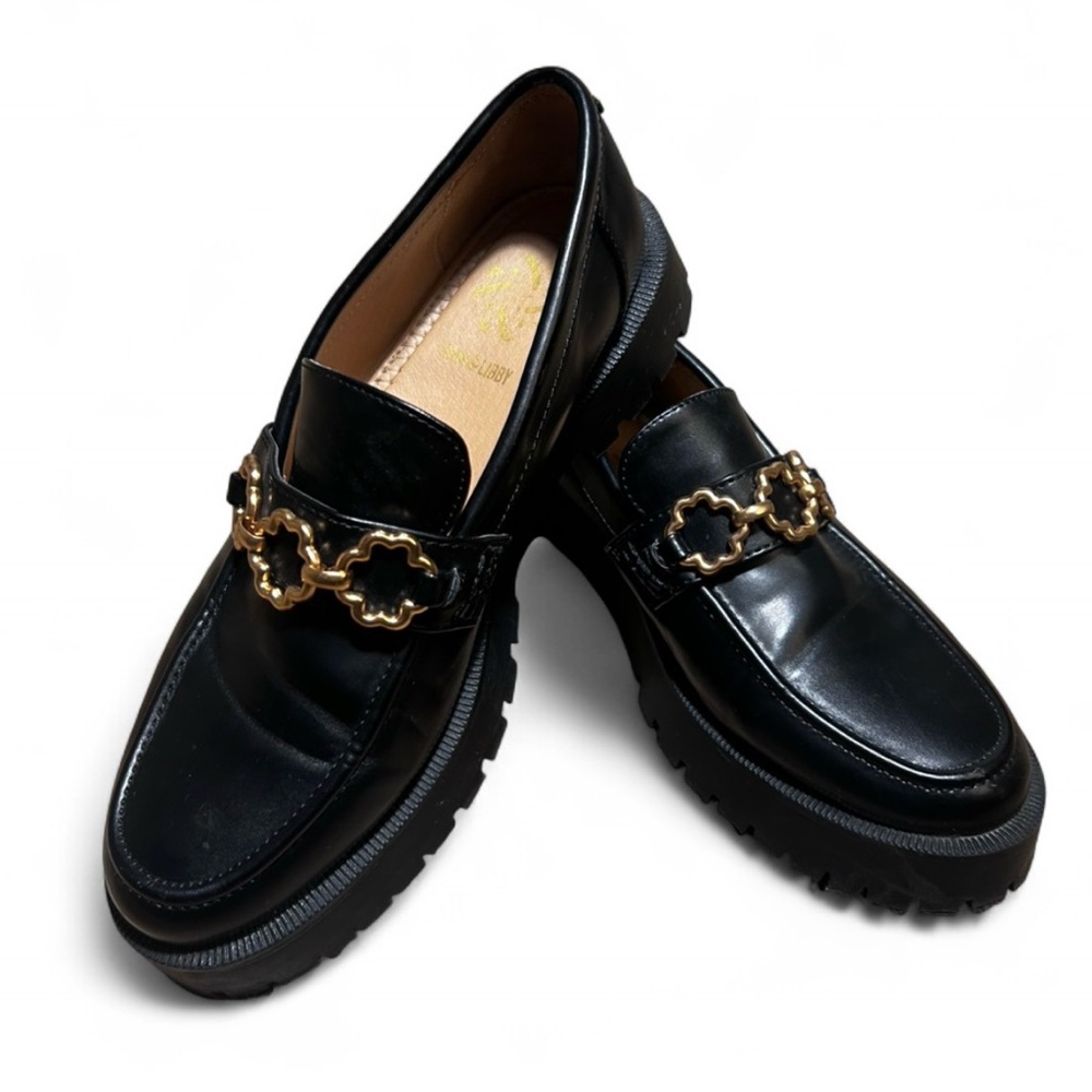 Sam & Libby Black Loafers with Gold Chain Detail